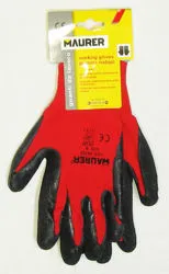 Guanti da lavoro con dorso in filo continuo di nylon colore rosso e palmo ricoperto spalmato lattice grigio.